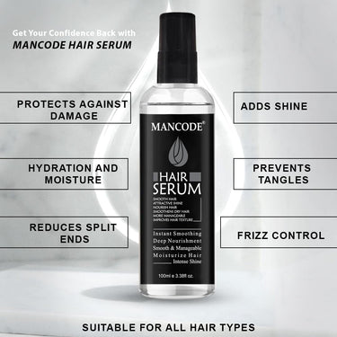 Mancode Hair Serum for Men Instant Shine & Smoothness Regular Use For Dry & Wet Hair Gives Frizz Free Soft & Silky Hair - 100ml (Men's Hair Serum, 100ml e 3.38fl oz.)